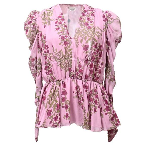Giambattista Valli V-neck Floral Print Blouse in Pink Silk